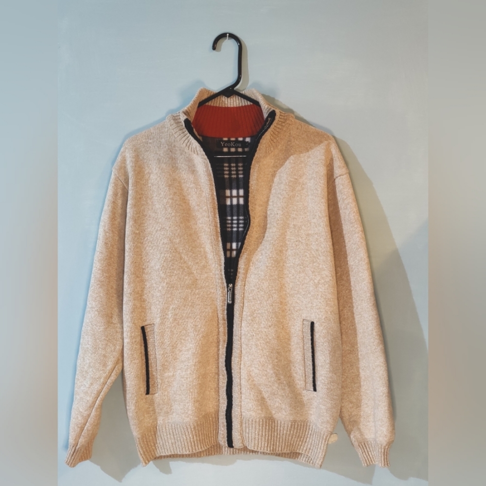 Men's cream colored zip up large sweater jacket